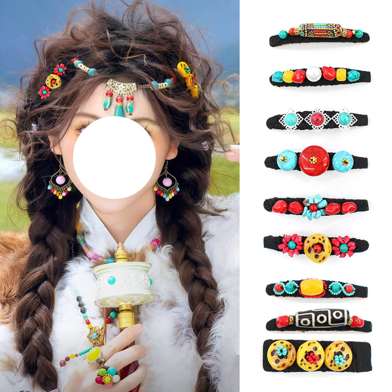 民族风小众设计发夹藏式天珠手工编织松石蜜蜡边夹发饰女复古头饰