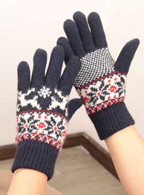 日本可爱卡通圣诞雪花小鹿手套羊毛加绒加厚触屏分指女冬防寒保暖