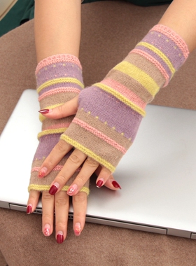 日本彩虹渐变色条纹拼接羊毛针织手套女冬保暖半指露指长款薄保暖