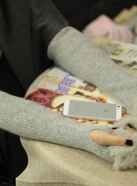 日本大兔毛口长款羊毛手套袖套手臂套半指露指女士冬斗篷大衣手套