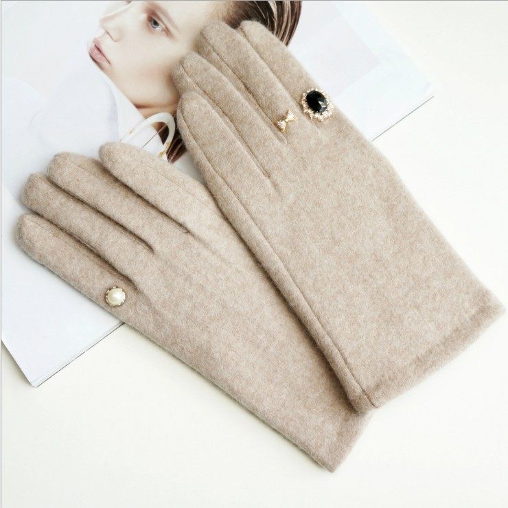 韩国羊毛加绒宝石戒指手套触屏女