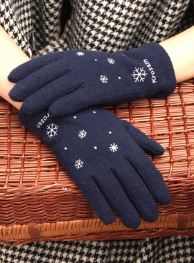 日本森女羊毛手套女冬加绒加厚双层防寒户外骑车手套触屏雪花圣诞