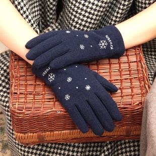 日本森女羊毛手套女冬加绒加厚双层防寒户外骑车手套触屏雪花圣诞