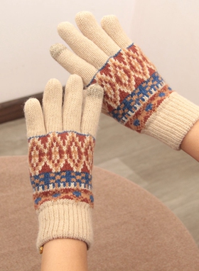 羊毛针织情侣手套加绒加厚触屏分指复古费尔岛花纹户外防寒男女冬