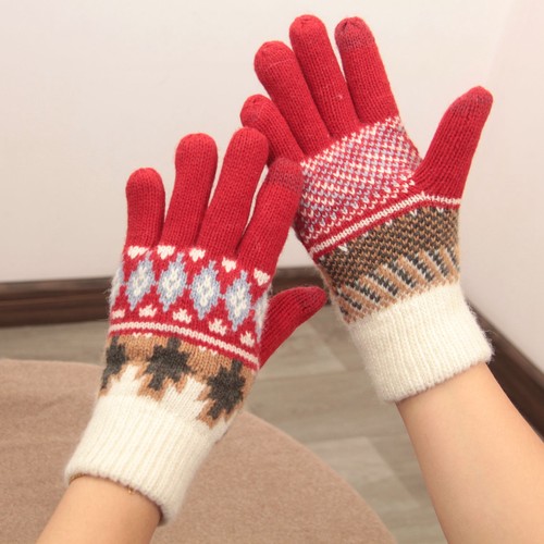 五指圣诞红色加绒触屏手套女保暖