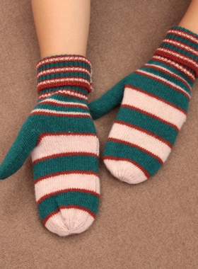 ins风拼接撞色条纹羊毛针织手套全包指连指加绒加厚保暖户外防寒