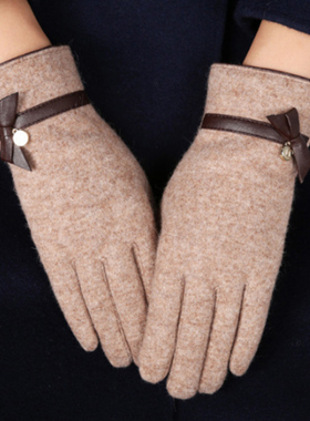韩国单ins甜美羊毛手套加绒加厚蝴蝶结手套气质文艺百搭触屏手套