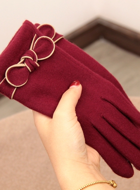 日本气质感酒红色羊毛加绒加厚手套可爱蝴蝶结甜美触屏分指防寒冬
