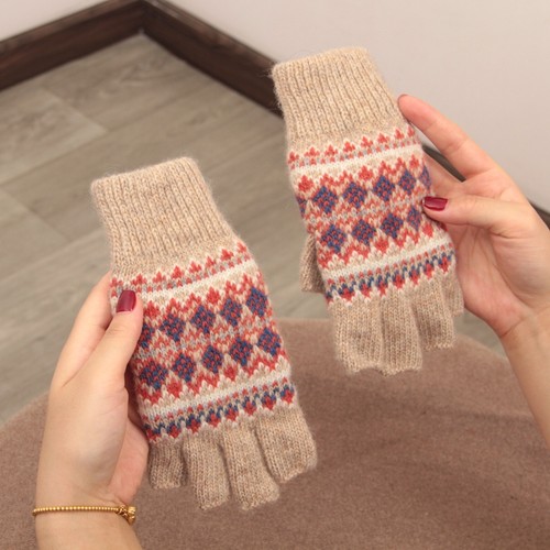 羊毛针织半指加绒手套写字保暖女