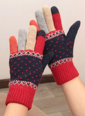 日本外单双层加绒加厚触屏分指手套撞色可爱女冬保暖防寒针织学生