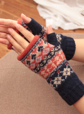 日本单文艺复古花纹半指手套羊毛针织加厚保暖女冬手套学生写字款