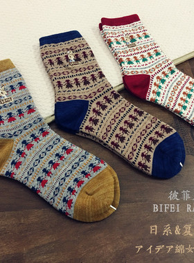 日系秋冬新款 手拉手民族舞提花刺绣中筒女袜 彼菲兔无骨棉袜复古