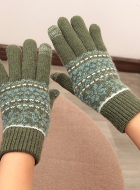 日本客单双层羊毛加绒加厚保暖手套女冬户外防寒触屏分指复古花纹