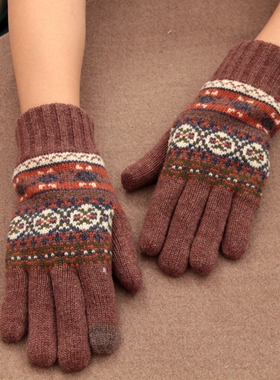 日本商务复古花纹羊毛针织厚摇粒绒手套男士冬季分指触屏防寒保暖