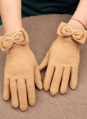 日本可爱蝴蝶结羊毛薄款分指手套秋冬女户外保暖纯色文艺开车青年