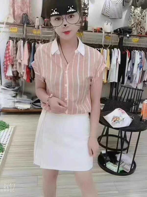 专柜正品欧货2025夏季新款衬衣撞色条纹短袖衬衫女士薄款雪纺上衣