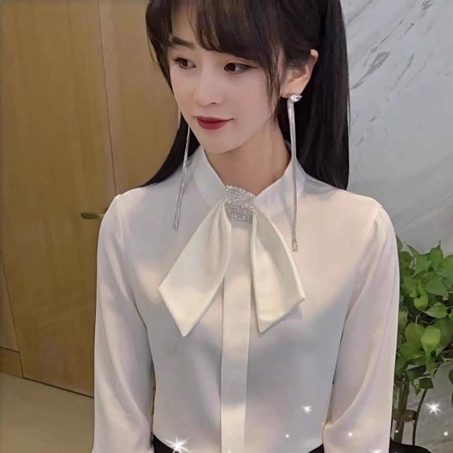专柜正品蝴蝶结亮钻长袖亮面雪纺衫女春装OL职业装小领结衬衫上衣