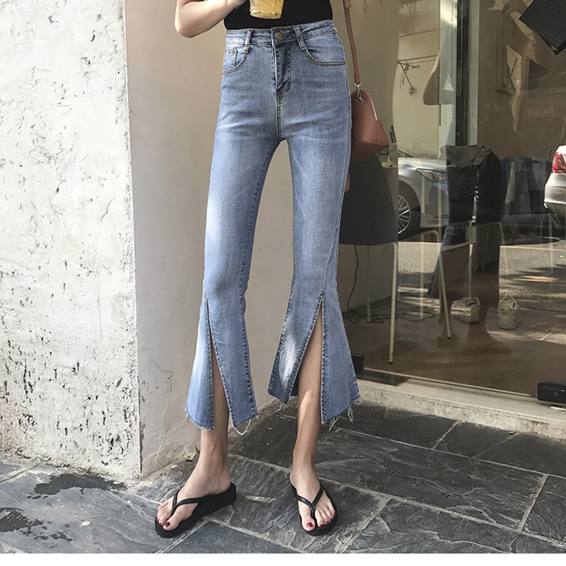 2019新款夏季韩版韩流百搭修身开叉显瘦百搭微喇叭裤九分裤女潮在类目 女装/女士精品, 牛仔裤中 - 来自Buy2taobao.com提供专业的淘宝代购服务