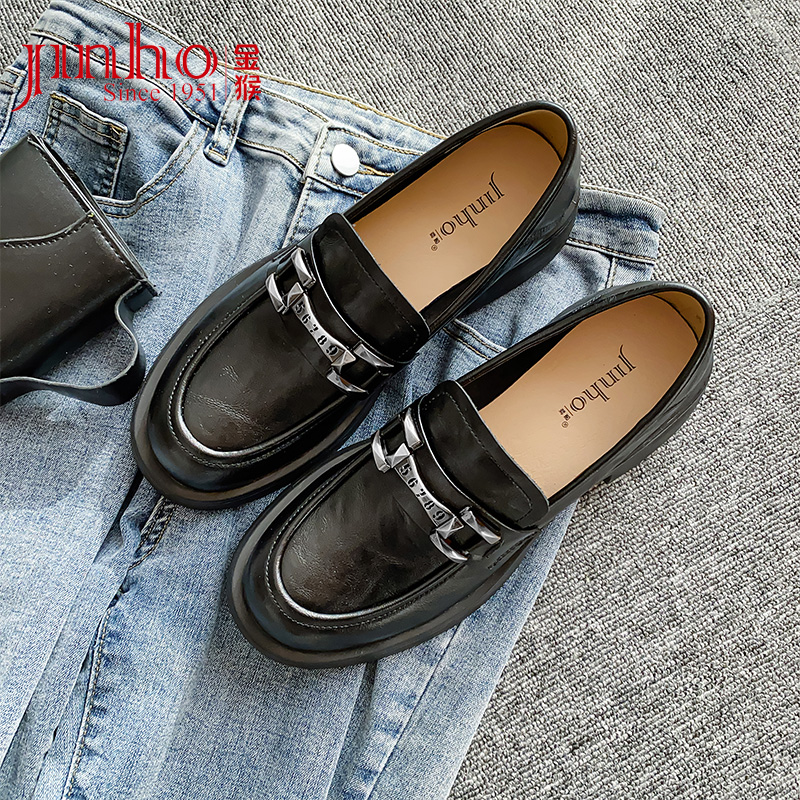 金猴乐福鞋女2024春季新款时尚复古英伦风厚底粗跟黑色小皮鞋女