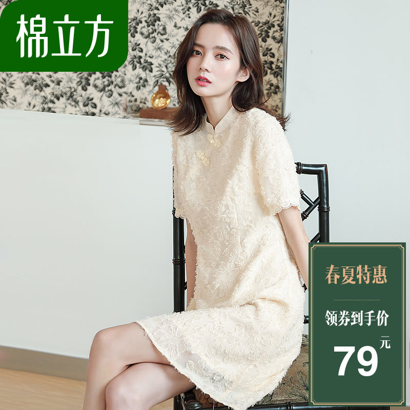 旗袍改良版连衣裙棉立方夏装新款雪纺轻熟风显瘦中长款裙子