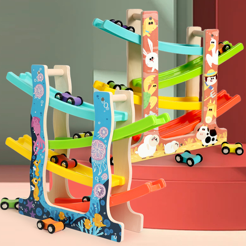 儿童木质滑轨车多层轨道小汽车益智早教糖果色幼儿园1-3岁玩具车