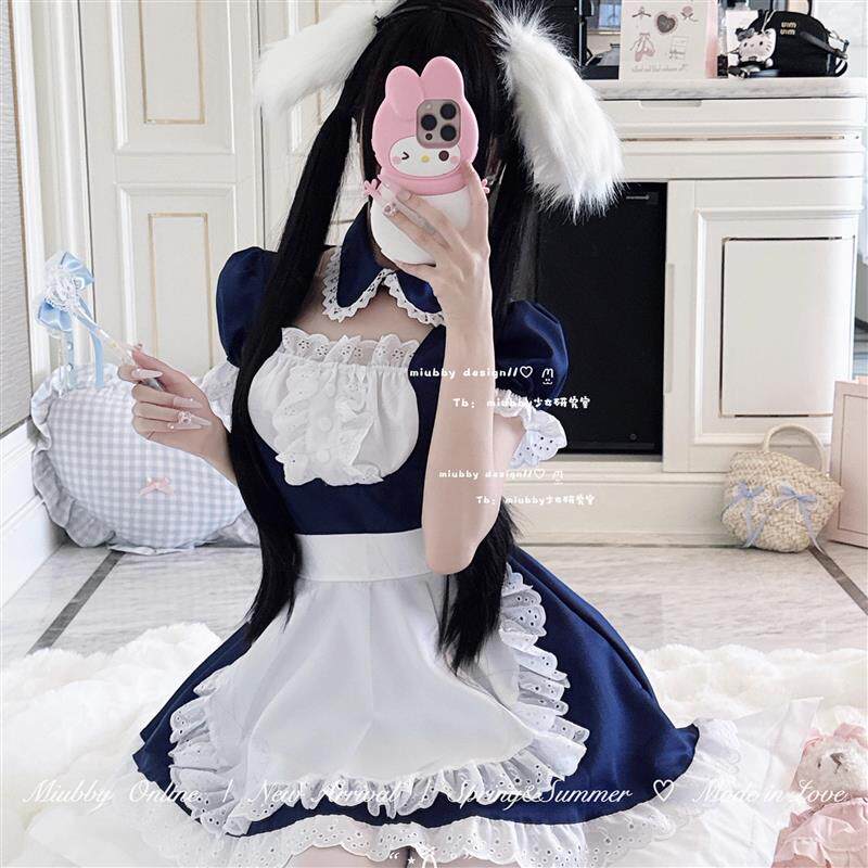 Miubby雾岛琉璃日系软妹蕾丝绀色女仆装Lolita花边假领连衣裙