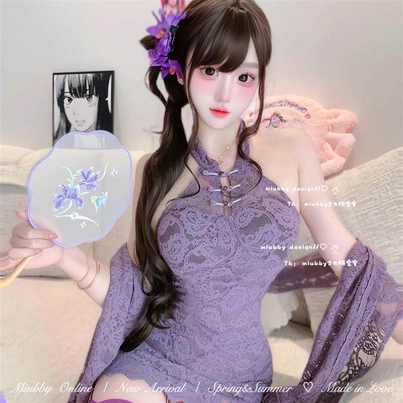 Miubby紫烟凝香纯欲盘扣蕾丝挂脖连衣裙流苏披肩包臀裙套装