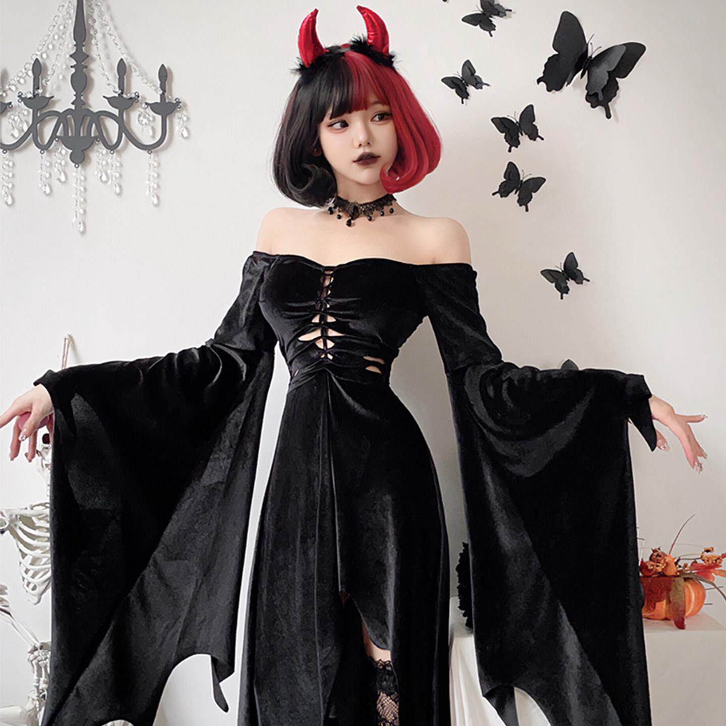 万圣节cos服成人女士蝙蝠装扮暗黑恶魔演出服吸血鬼长裙连衣裙女