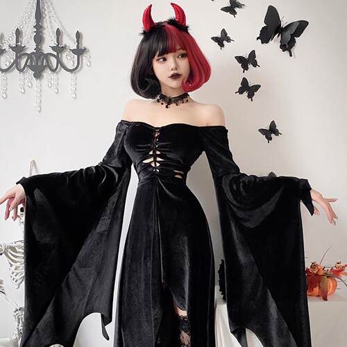 万圣节cos服成人女士蝙蝠装扮暗黑恶魔演出服吸血鬼长裙连衣裙女