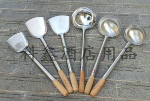 加厚手打炒壳炒勺手工木柄炒菜大勺不锈钢炒勺厨师炒菜勺汤勺壳
