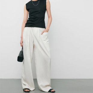 上海潍上服饰亚麻阔腿裤女夏季薄款白色防透条纹宽松慵懒感休闲裤