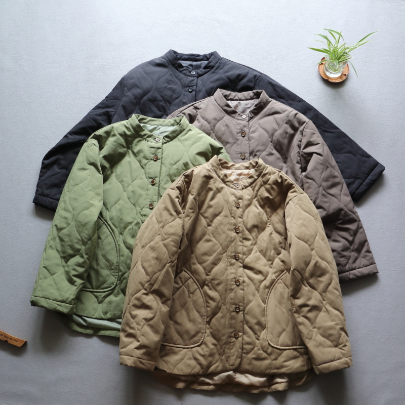 精致古典纹绗缝压花秋冬季日式简洁圆领单排扣夹棉棉衣