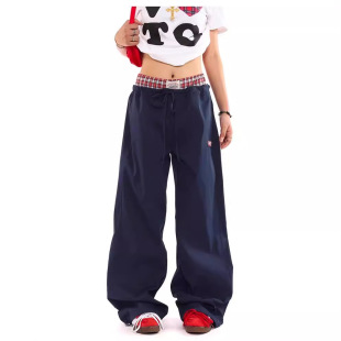 宽松百搭直筒阔腿裤 美式 新款 女秋季 子 复古双腰头拼接假两件休闲裤