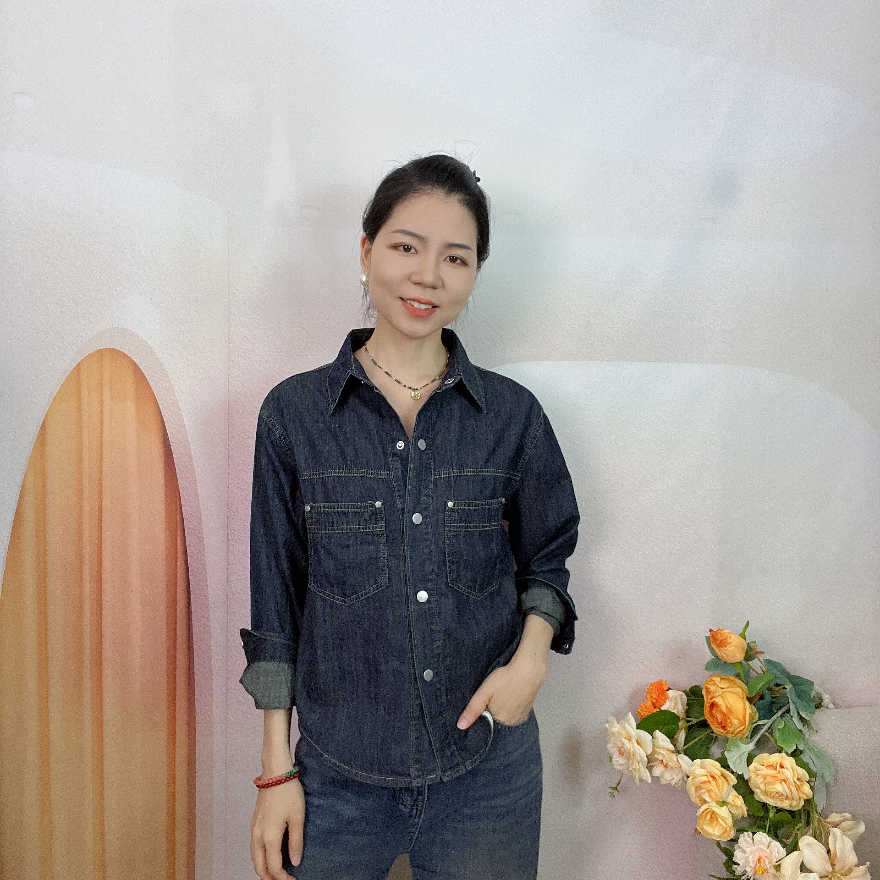 小个子短款水洗牛仔衬衫女春秋新款长袖叠穿衬衣打底单穿上衣