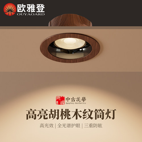 中古风胡桃木嵌入式全光谱筒灯