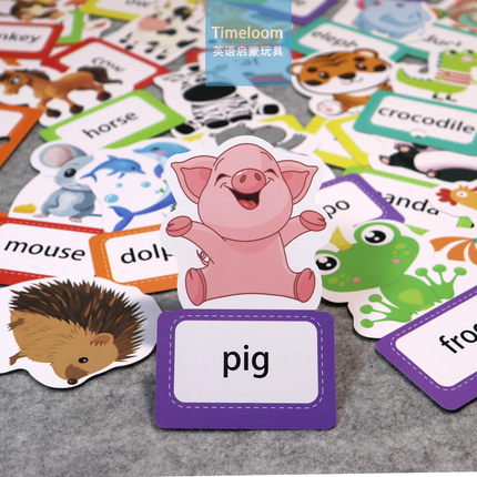 跨境英语启蒙Flashcards动物食物交通工具闪卡中文双语早教异形卡