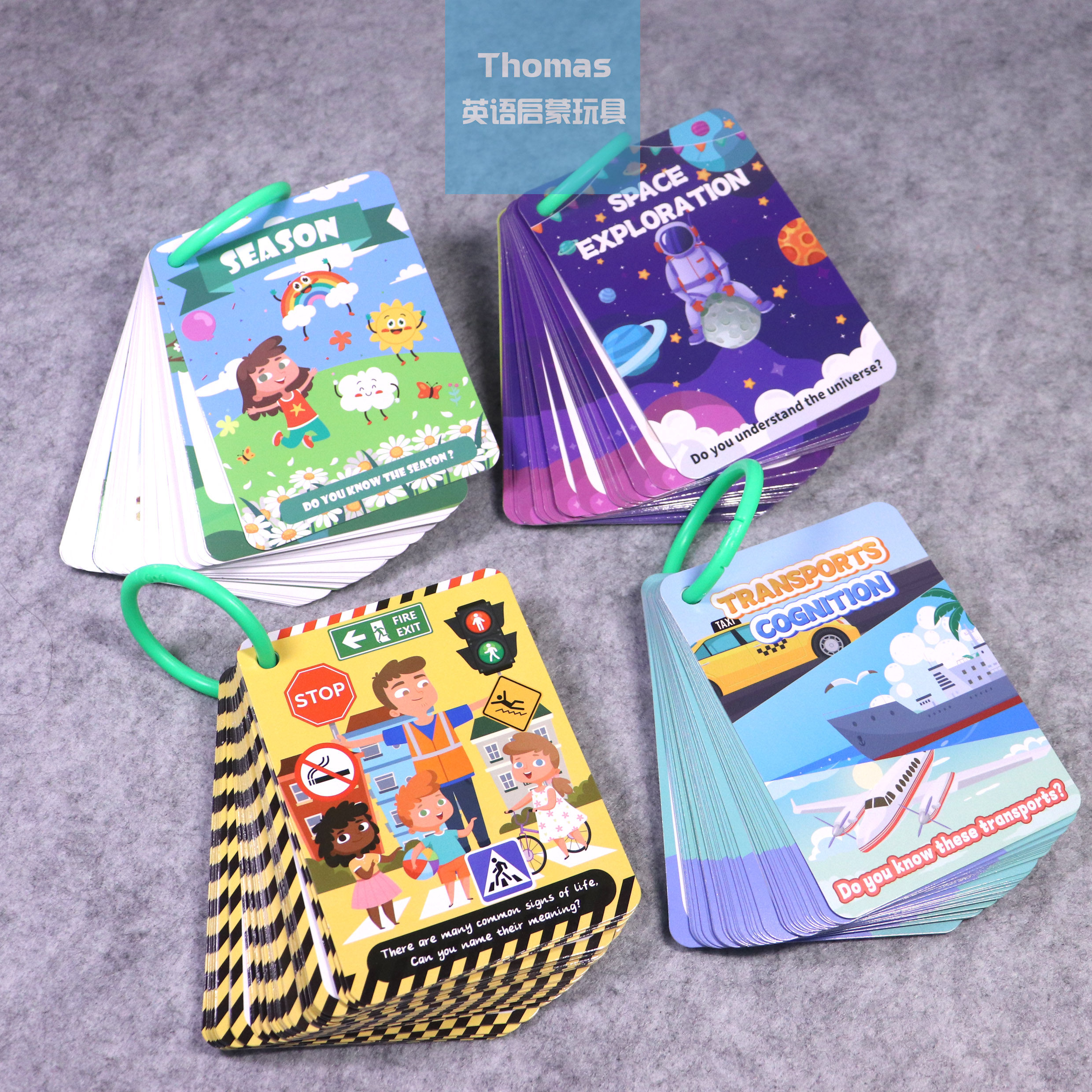 跨境英语启蒙Flashcards路标警示标志工程车太空四季单词早教闪卡