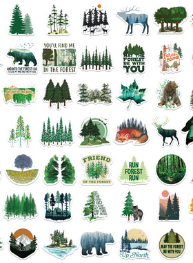 跨境英文sticker绿色森林涂鸦贴纸装饰吉他行李箱防水DIY水杯滑板
