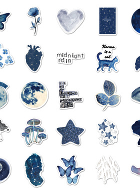 跨境英文sticker雨夜蓝色贴纸涂鸦水彩装饰手机手账DIY冷色