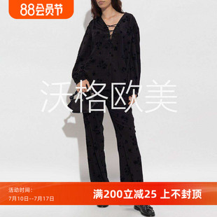 沃格ZV秋季新款精致花朵提花绑带V领人丝长袖衬衫+长裤女时尚套装