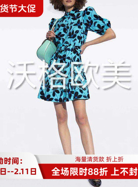沃格KS夏季新款清爽湖蓝色花朵印花系腰带半开襟优雅棉衬衫连衣裙