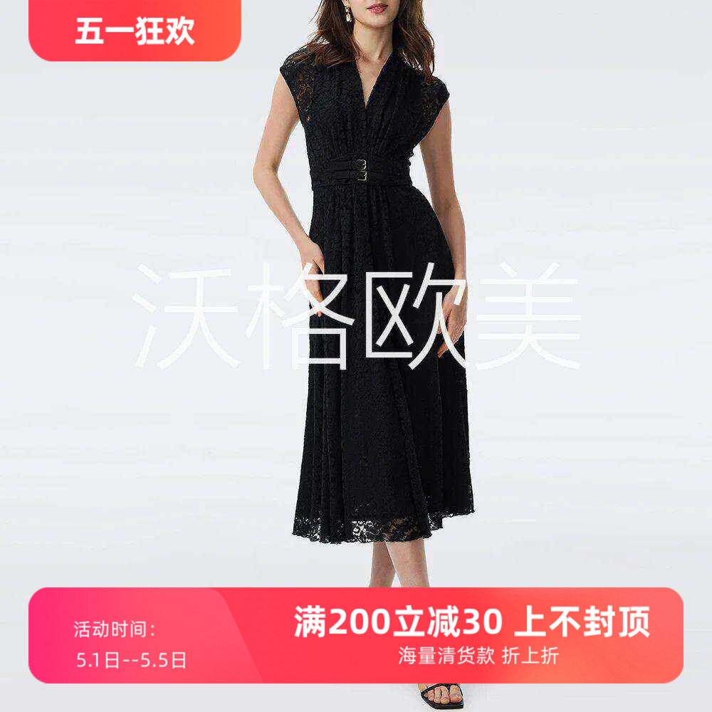 沃格 D早秋新款显瘦黑色V领双扣袢高腰A字中长精致钩花蕾丝连衣裙