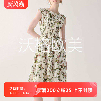 沃格KS早秋新款清新浪漫粉绿花朵枝叶印花打揽弹力腰棉优雅连衣裙