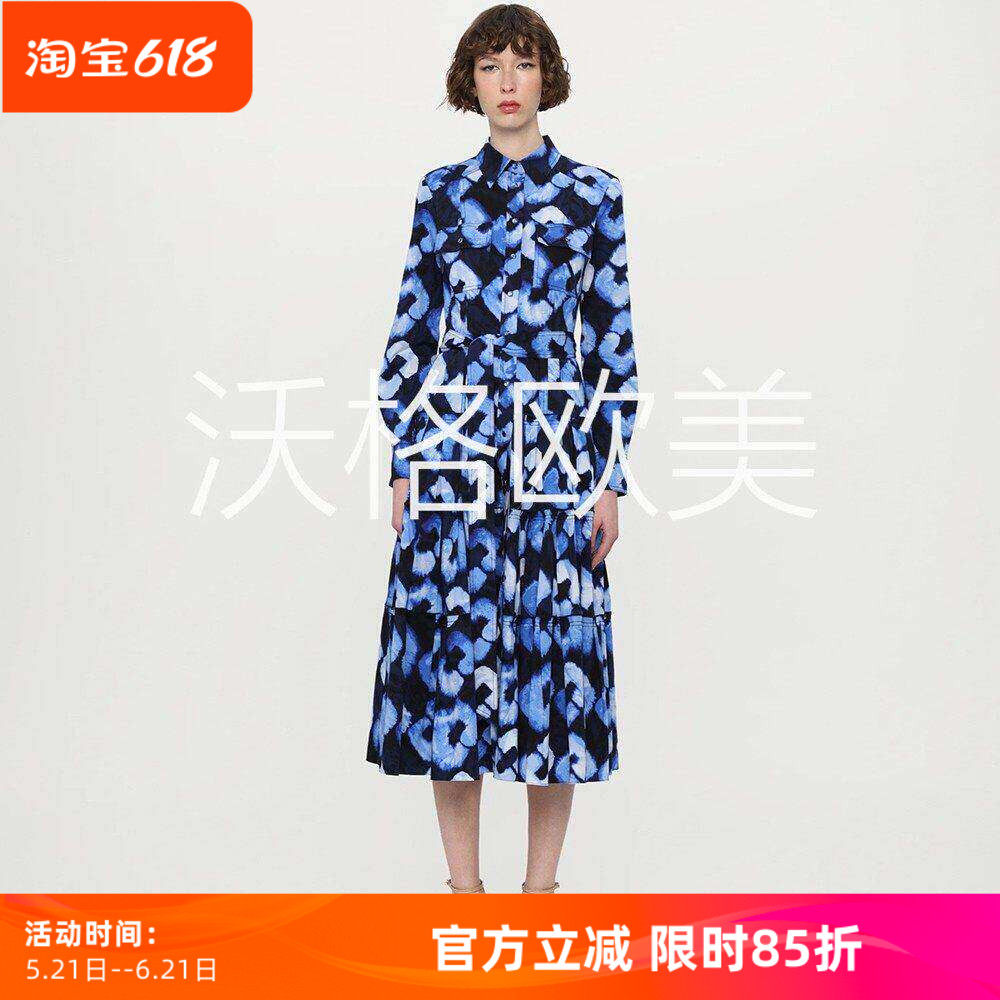 沃格D秋季新款蓝色晕染锁链印花翻领双兜系腰带A字中长衬衫连衣裙