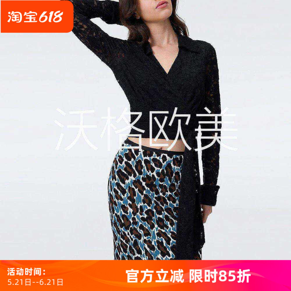 沃格D早秋新款黑色法式优雅翻折V领系带围裹女精致钩花蕾丝造型衫