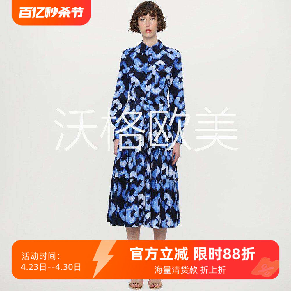 沃格D秋季新款蓝色晕染锁链印花翻领双兜系腰带A字中长衬衫连衣裙