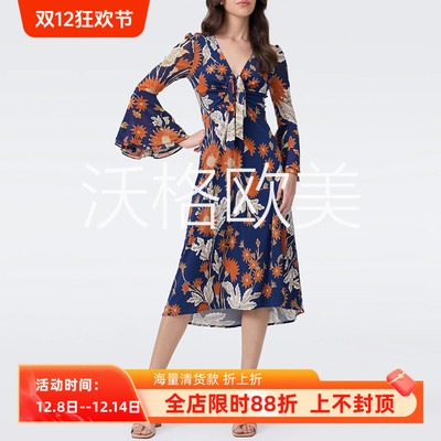 沃格D早秋新款浪漫橘蓝太阳花印花系带V领网纱喇叭袖薄针织连衣裙