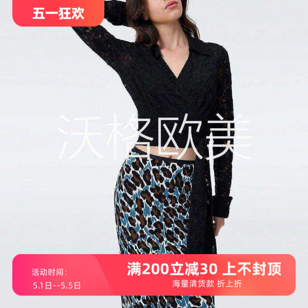 沃格D早秋新款黑色法式优雅翻折V领系带围裹女精致钩花蕾丝造型衫