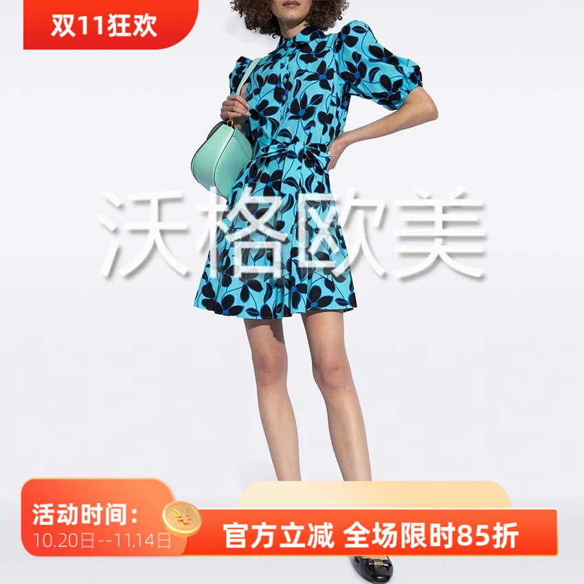 沃格KS夏季新款清爽湖蓝色花朵印花系腰带半开襟优雅棉衬衫连衣裙