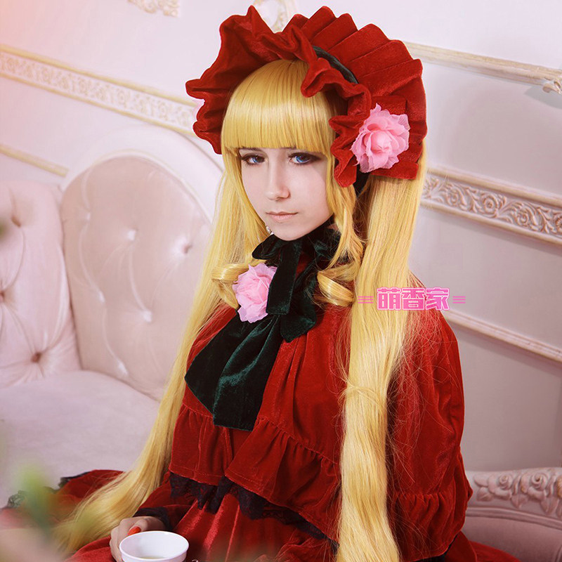 萌香 cosplay假发 蔷薇少女真红女王/金色/短发加长卷鬓角+卷马尾